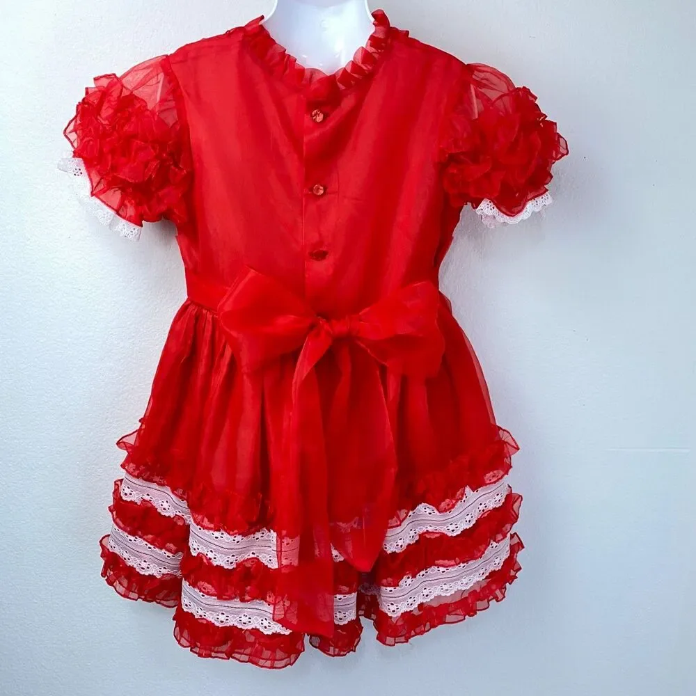 Vintage Girls Red Nylon Chiffon Dress Lace Puff Sleeve Holiday Christmas Size 6